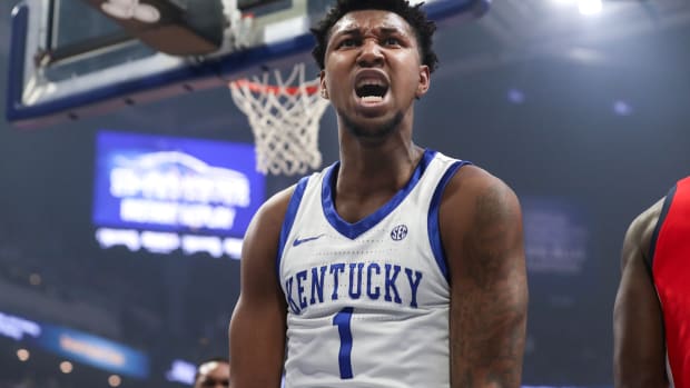 Kentucky s Justin Edwards celebrates making a shot and getting fouled against Ole Miss Tuesday night in Rupp Arena. Feb. 13, 2024